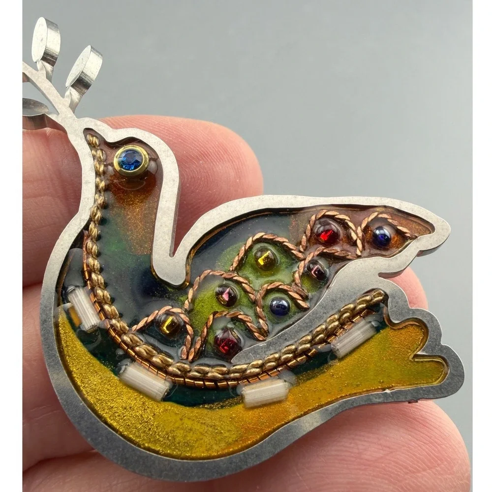 Vintage Brooch Dove of Peace Seeká IS-ART Stainless Steel Resin Crystal 2003
